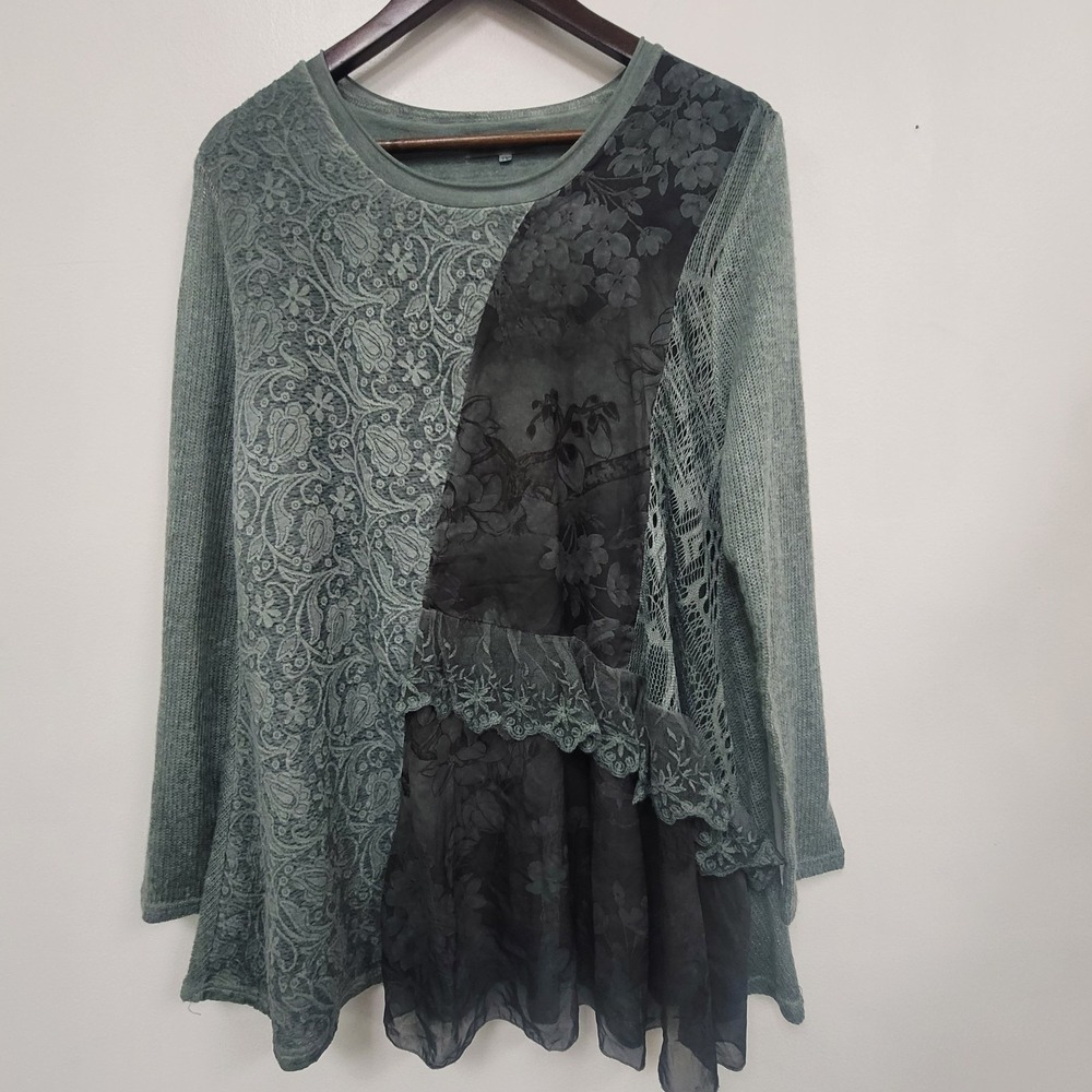 Simply Couture Womens Lacey Forest Fairy Top Size 1X Green Mixed Media Ruffle